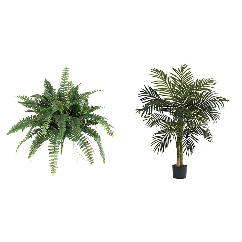 Nearly Natural 40in. Boston Fern (Set of 2), Green & 5357 4ft. Golden Cane Palm Tree,Green