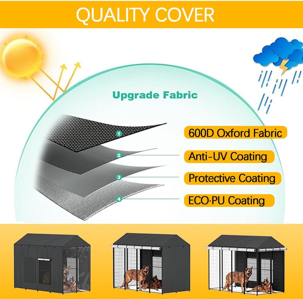 Outdoor Dog Kennel Cover with Roller Shades 600D Heavy-Duty Full Coverage Mesh Windows All Sides Open Universal Windproof UV Resistant Cover Only,Black,6.5×6.5×5.8FT