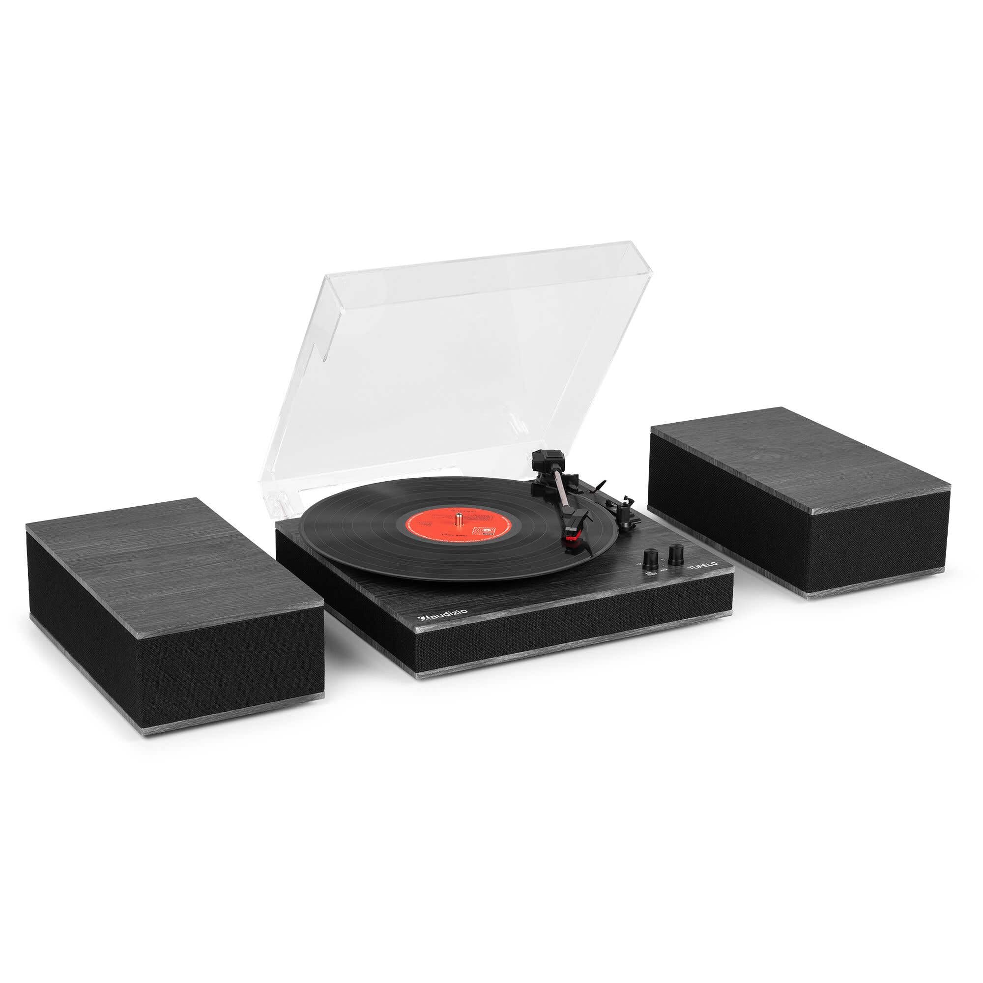 Audizio Tupelo - Giradischi con altoparlante e Bluetooth, set giradischi con amplificatore, 3 velocità (33/45/78 giri/min), lettore in vinile da 120 Watt con 2 altoparlanti stereo, gramofono, nero