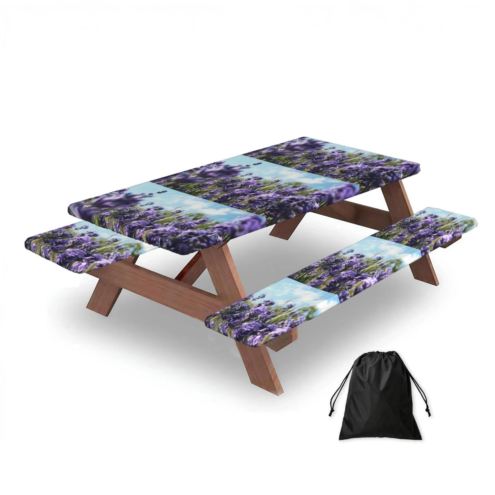 Lavender, Picnic Table Cover With Bench Covers -Waterproof Elastic Fitted Tablecloth for Garden Camping Patio 76x152cm