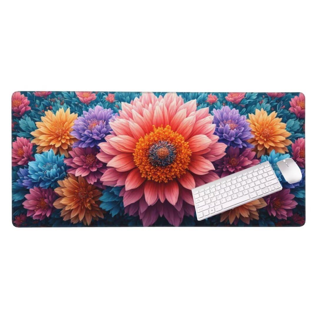 Alfombrilla de ratón 1400x600x3 MM, Alfombrilla Ratón XXL Extendida de Gran Tamaño con Bordes Cosidos, Resiste Salpicaduras, Base de Goma Antideslizante y Almohadilla para Teclado, Daisy S-2483
