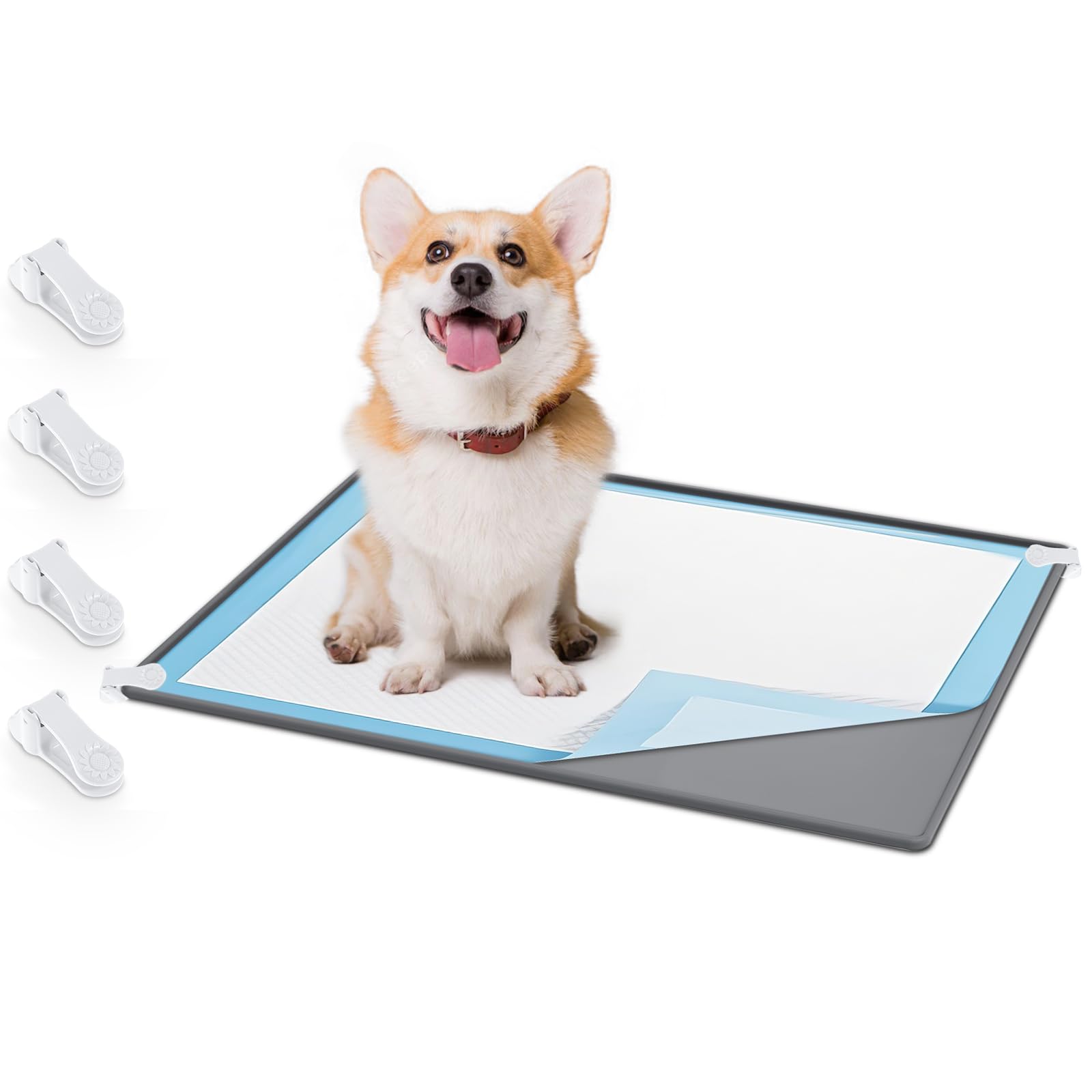 1 Pee Pad Holder 30 x 24 Inches Puppy Pad Holder Tray Silicone Dog Potty Tray No Spill Pee Pad Tray Potty Pad Holder with 4 Holder Clamps for Dogs, Easy to Clean and Store