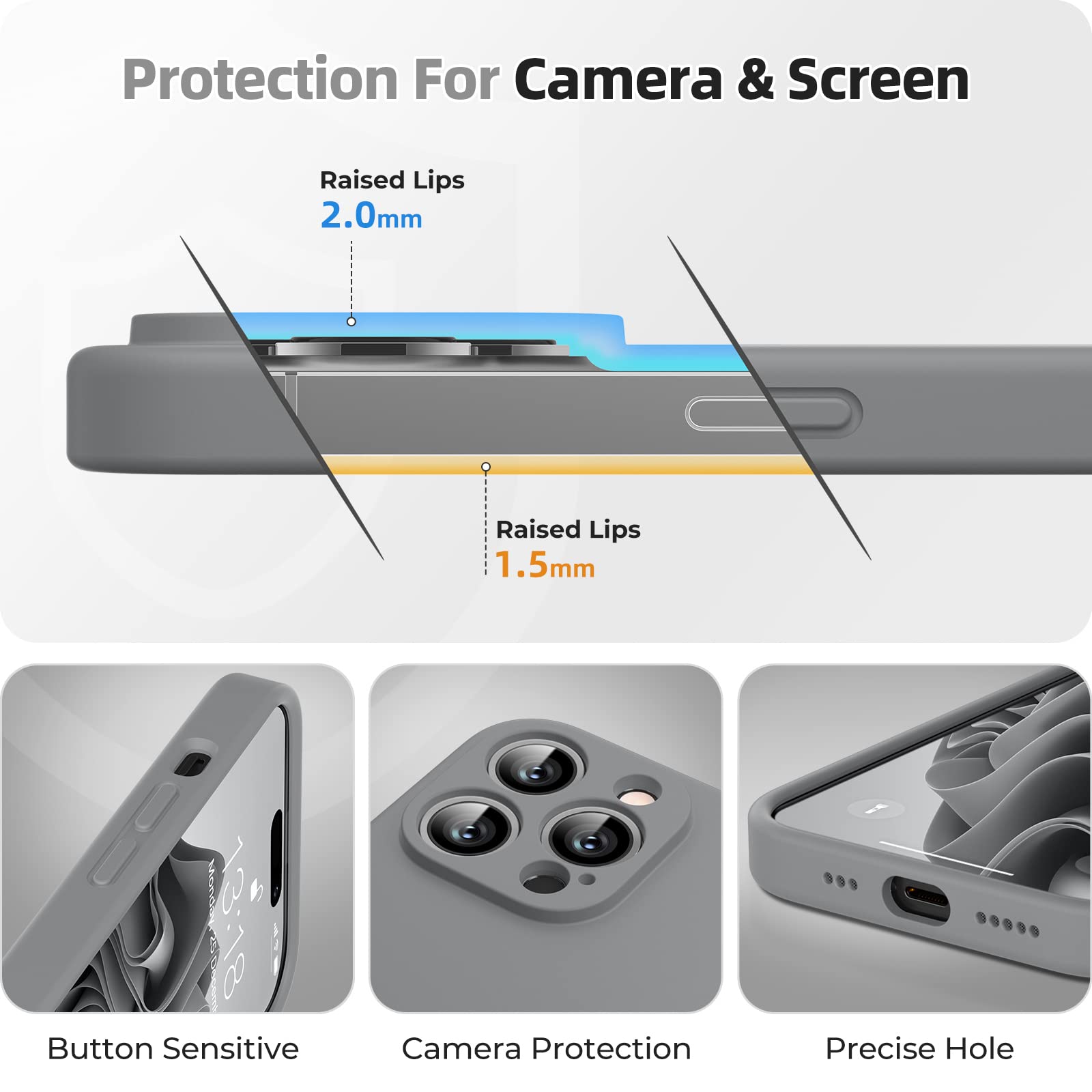 GOODVISH 3 in 1 Cover in Silicone per iPhone 14 Pro 6,1" (2022), con 2 Pezzi di Pellicola Protettiva, iPhone 14 Pro Custodia per Cellulare Antiurto Resistente Protezione Fotocamera, Grigio