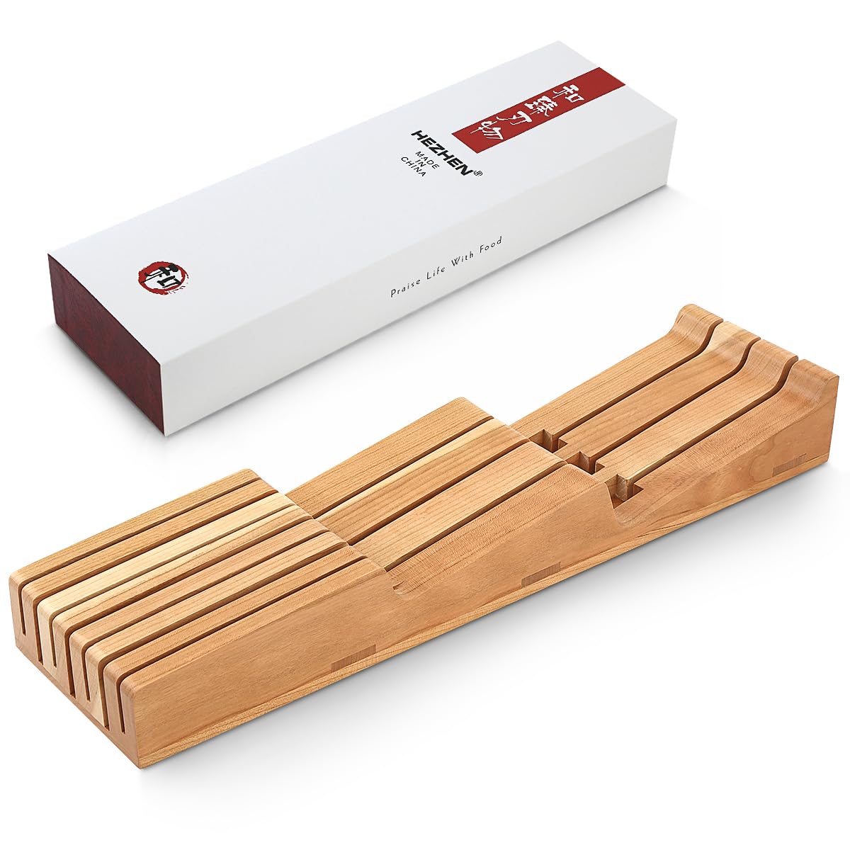 HEZHEN Cassetto Portacoltelli in Legno di Ciliegio, in-Cassetto Blocco di Coltelli da Cucina in Legno Cassetto Organizzatore, Spazio per la Custodia di 7 Coltelli