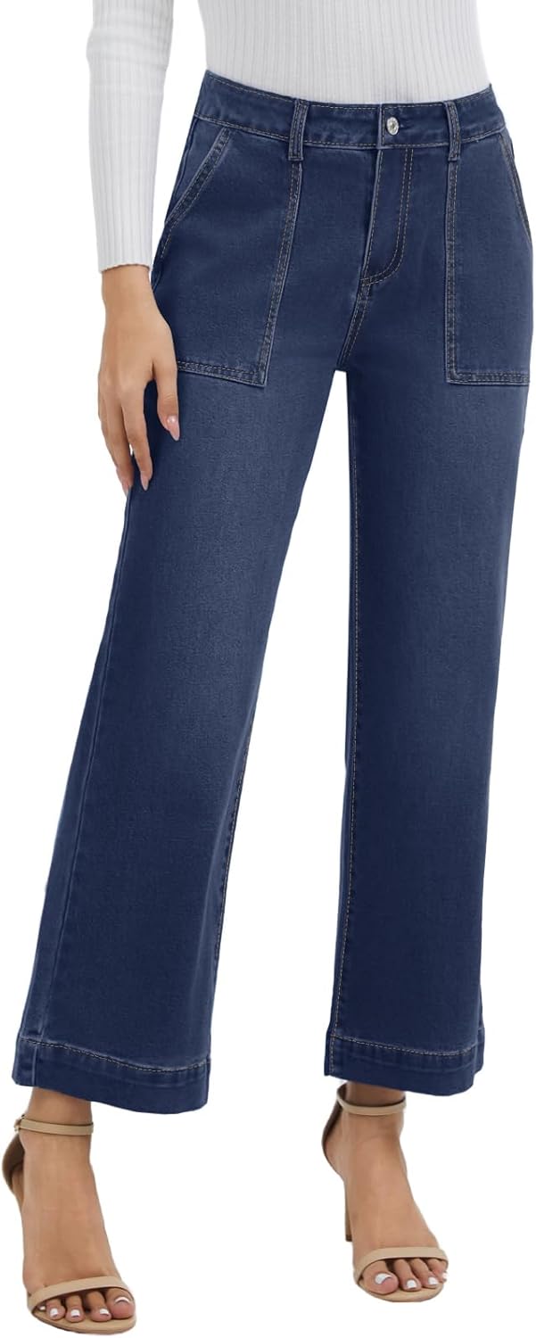 Metietila Women's Mid Waisted Cropped Jeans Wide Leg Denim Pants Flare Jeans with Pocket - Image 2