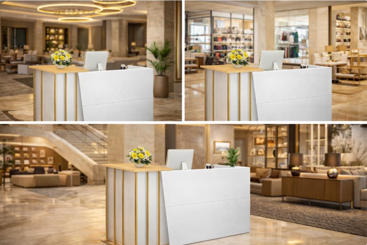 Mostrador de Recepción con Escritorio Integrado y Estantes Abiertos, Mostrador Moderno para Oficina, Clínica, Salón, Tienda o Área de Recepción