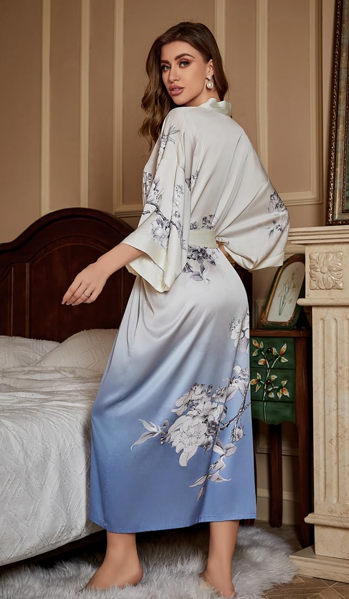 Albornoces de Verano para Mujer Bata Kimono de Satén Pijama Seda Estampado con Talla Única Camisón Largo Sexy y Elegante