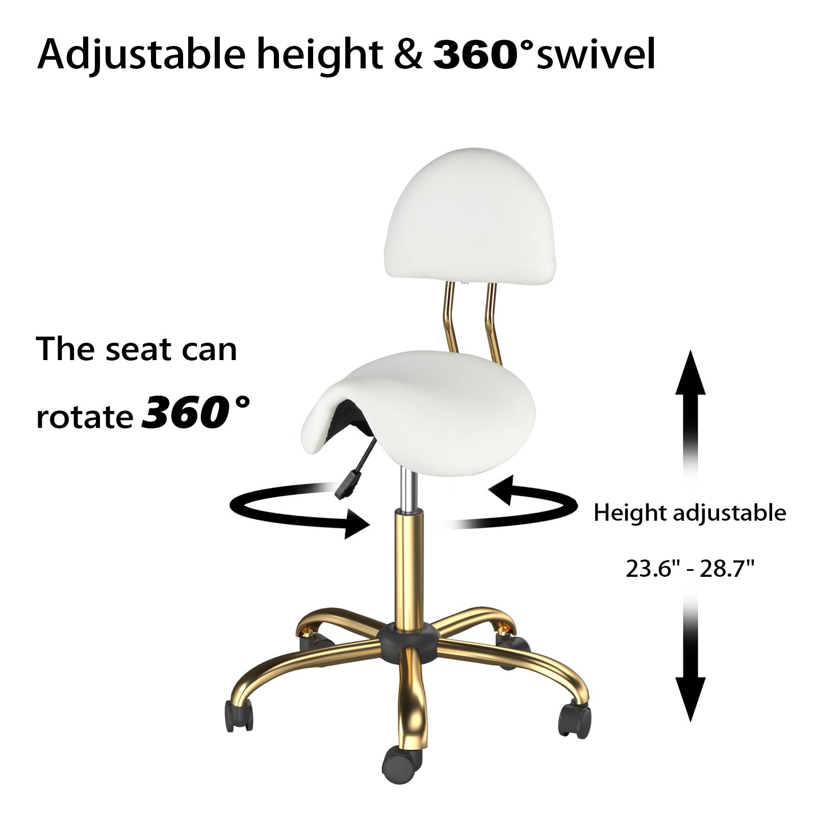 Bonnlo Tabouret de Selle, Tabouret à roulettes Réglable en Hauteur, Tabouret de Bureau Rotation à 360°, Revêtement en PU (Blanc + Or, avec Dossier (66P x 66l x 91H cm))