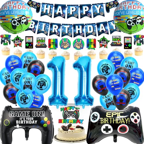 WAZIWE Gaming Deko Geburtstag Junge Geburtstagsdeko Jungen 11 jahre beinhaltet Ballon Girlande Geburtstagsbanner Tortendeko Gamer Deko Folienballon 11