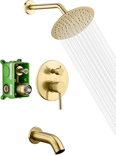 sumerain Juego de grifo de ducha y bañera, grifo de ducha de lluvia dorado cepillado con boquilla de bañera, cabezal de ducha de 8 pulgadas, alto