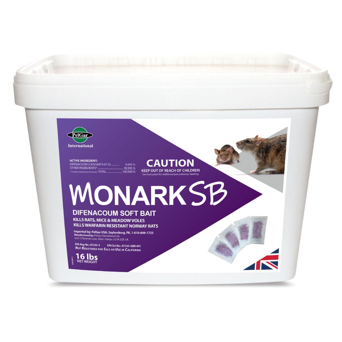 PelGar Monark SB Difenacoum Soft Bait Rodenticide, Kills Rats, Mice & Meadow Voles, 16 lb Pail, 480 x 15 gm Sachets