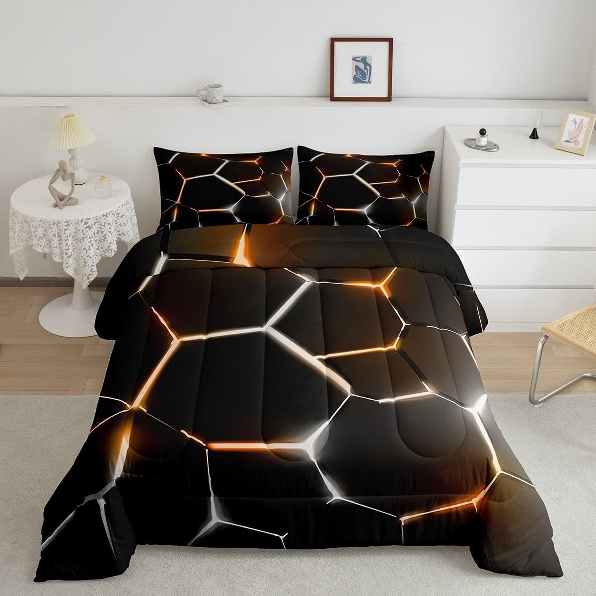 Feelyou Honeycomb Bedding Set Hexagonal Black Orange Comforter Set for Kids Boys Girls Children Geometrical Beehive Comforter Ultra Soft Decor Simplistic Duvet Set Twin Size with 1 Pillow Case