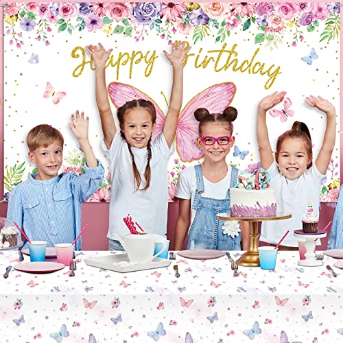 Pink And Purple Butterfly Party Decorations Include Pink Purple Balloon Arch Kit Butterfly Happy Birthday Photography Backdrop Banner Tablecloth For Girls Women Birthday Party Supplies Decor #TOP6