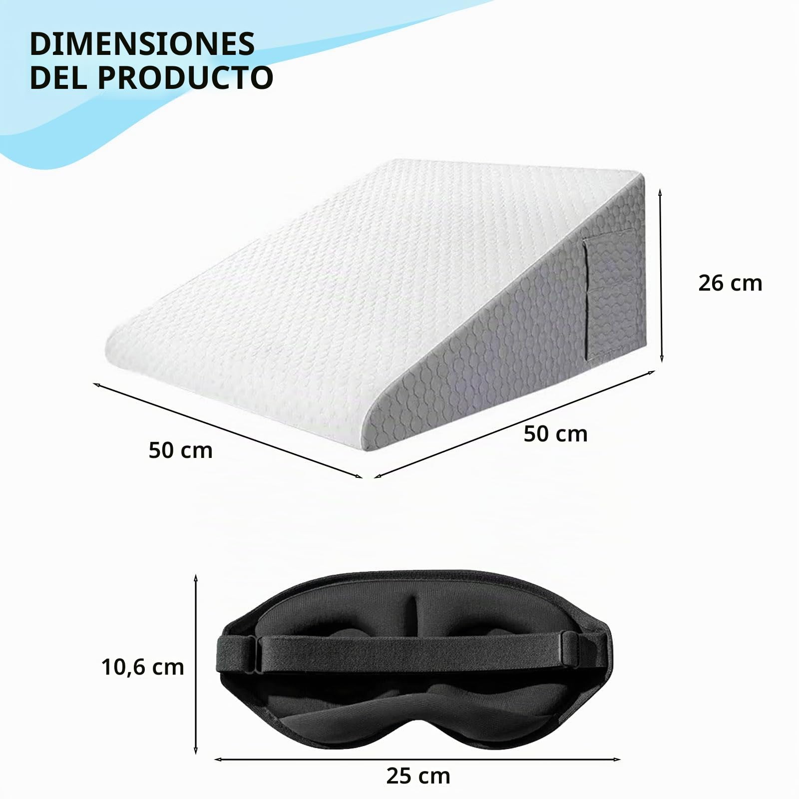 Almohada de Cuña Ortopédica 50×50×26cm – Cojín Memory Foam Antirreflujo para Adultos y Bebés, Apnea del Sueño, Ronquidos, Lectura y Recuperación Postoperatoria – Incluye Antifaz 3D