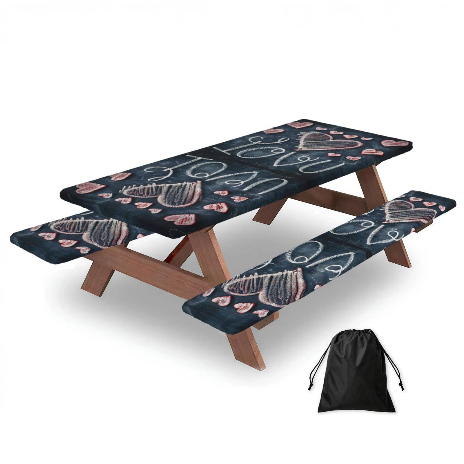 I Love You Words With Hearts Print 3 Pack Wipeable Picnic Bench Cover And Table Cover Lightweight Table Cloth For Camping Outdoor
