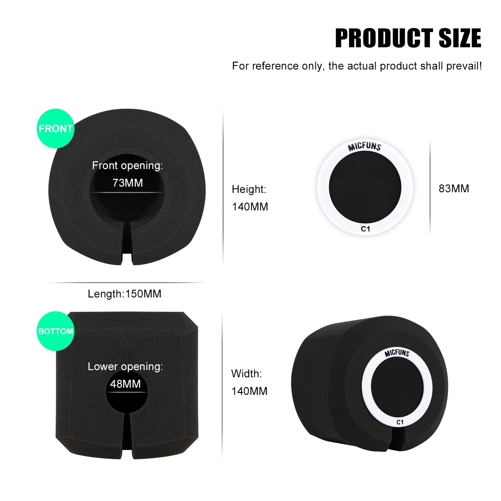 Micfuns C1 Professional Microphone Windscreen Wind Shield Pop Filter, Acoustic Filter for 1.77 inch-2.36 inch Recording Studios Microphones (Black)