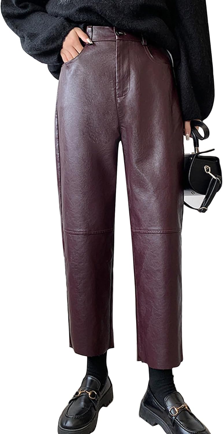 HaoMay Women's Faux Leather Pants Straight Leg High Waist Ankle Pleather Trousers