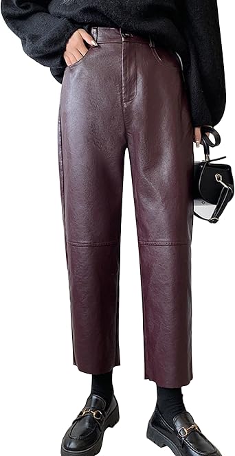 HaoMay Womens Faux Leather Pants Straight Leg High Waist Ankle Pleather Trousers