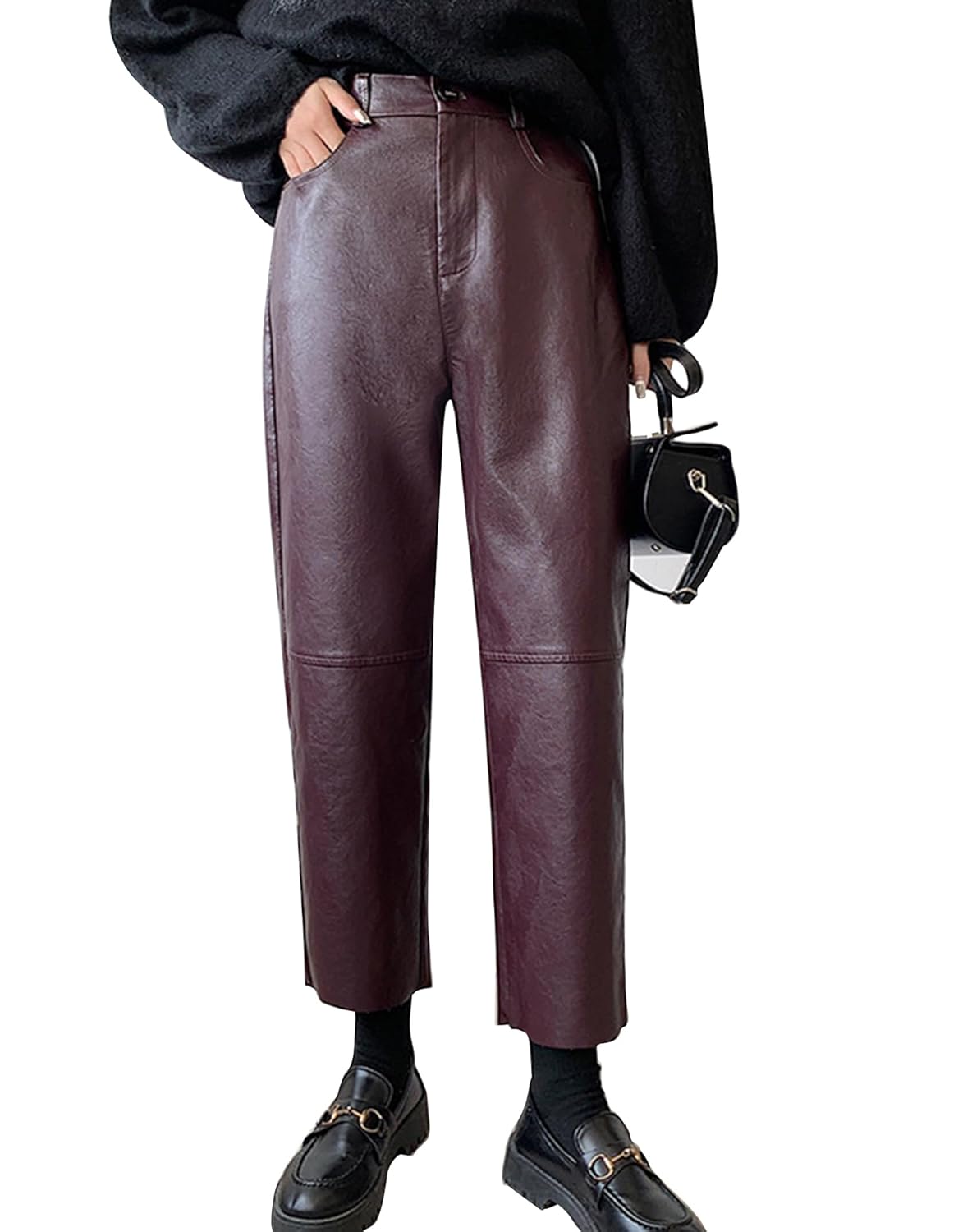HaoMay Womens Faux Leather Pants Straight Leg High Waist Ankle Pleather Trousers