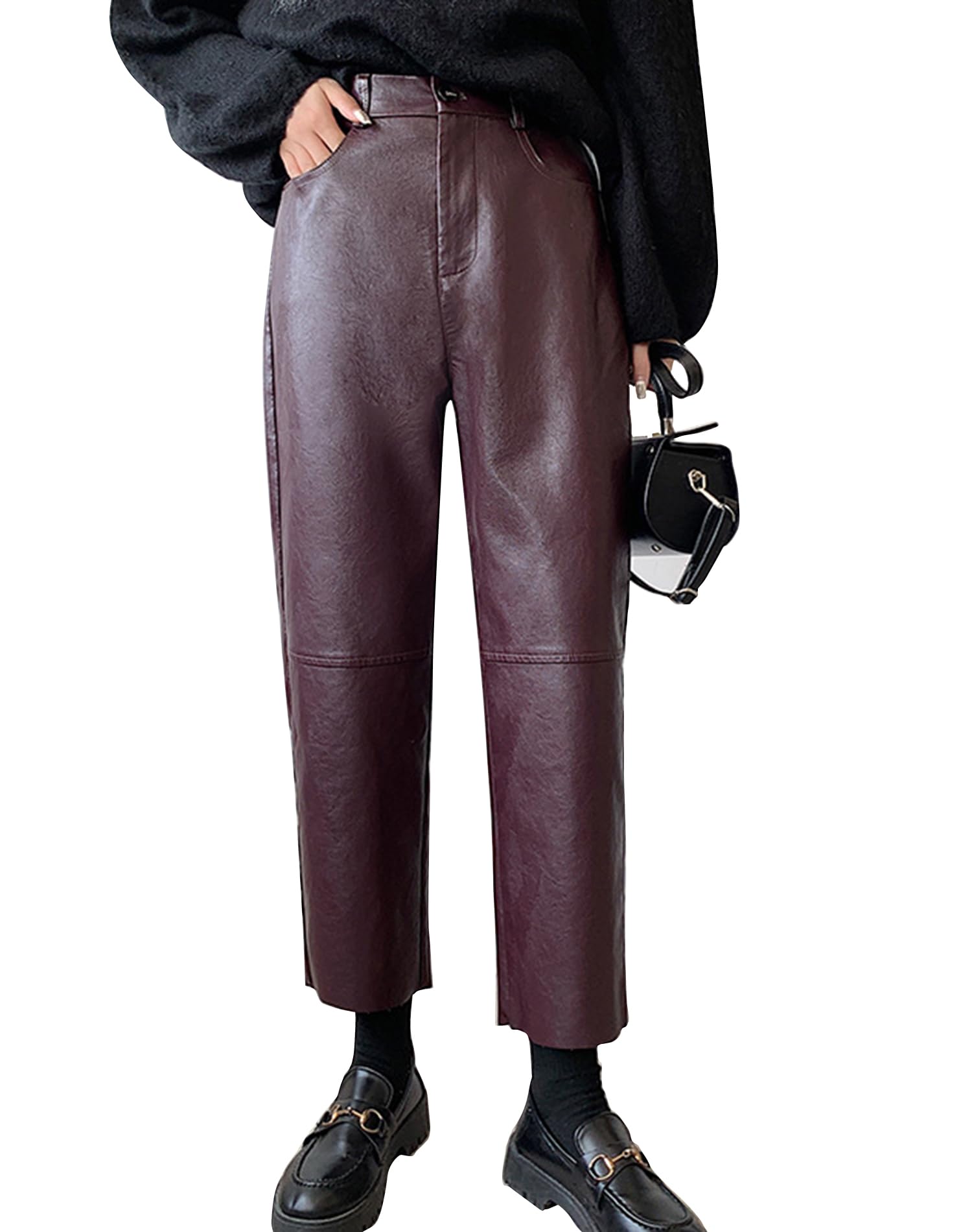 HaoMay Womens Faux Leather Pants Straight Leg High Waist Ankle Pleather Trousers