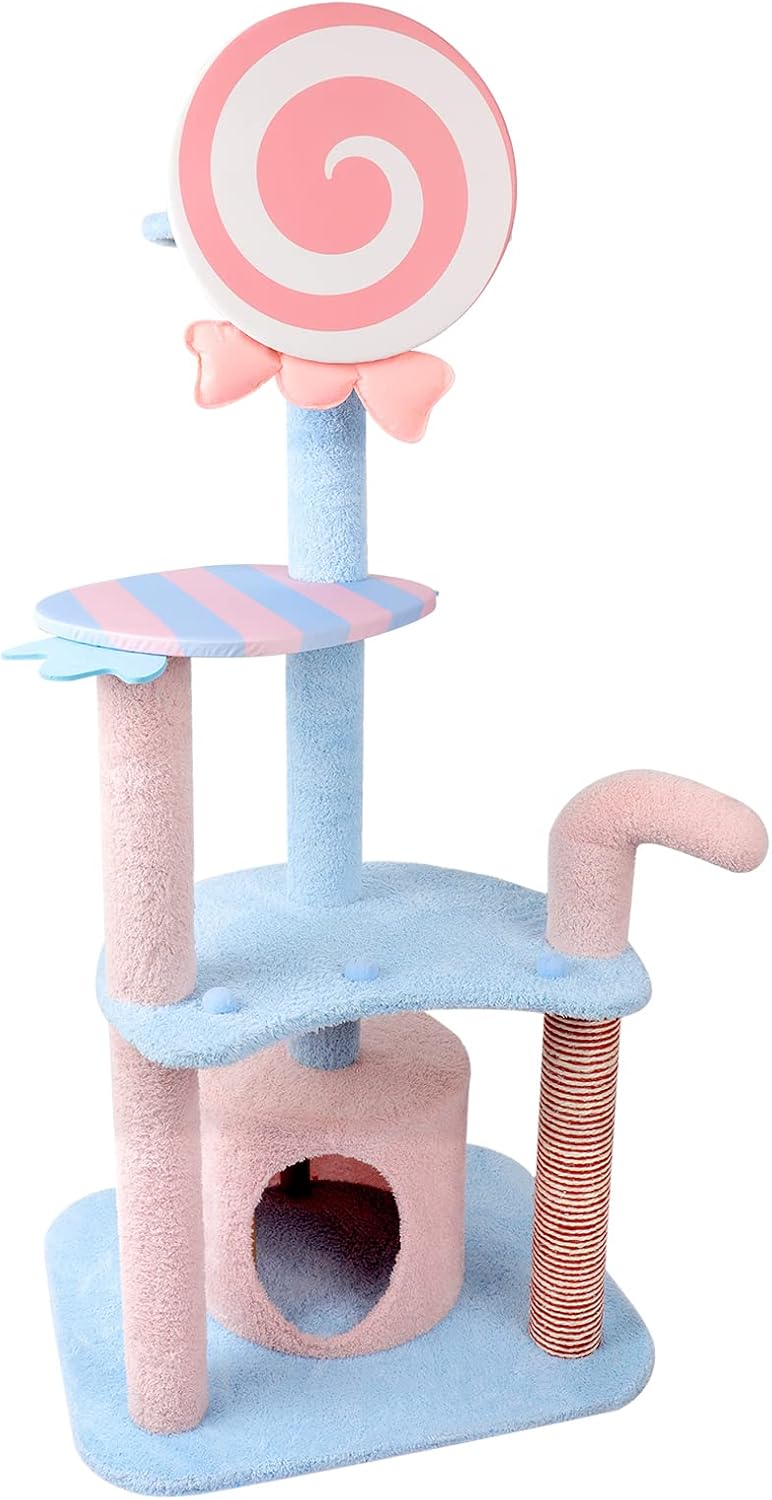 Lucky Monet Pink Cute Cat Tree 52 Inches 4-Tier Candy-Inspired Cat Tower Unique Cat Activity Tree Cat Climbing Tower with Scratching Post
