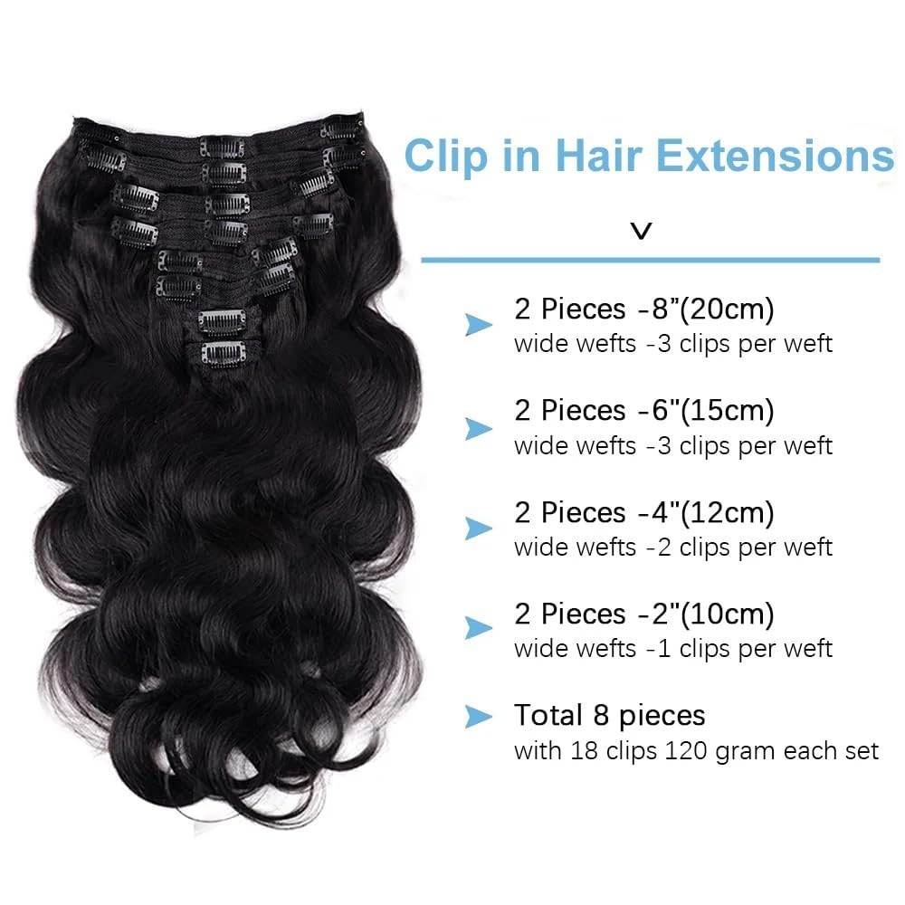 Haarteile für Frauen Clip-in-Haarverlängerungen aus echtem Echthaar, 25,4–66 cm, 120 g/Set, natürliches Schwarz, Clip-in-Haarverlängerung aus brasilianischem Remy-Echthaar, doppelt geflochten, mit 18