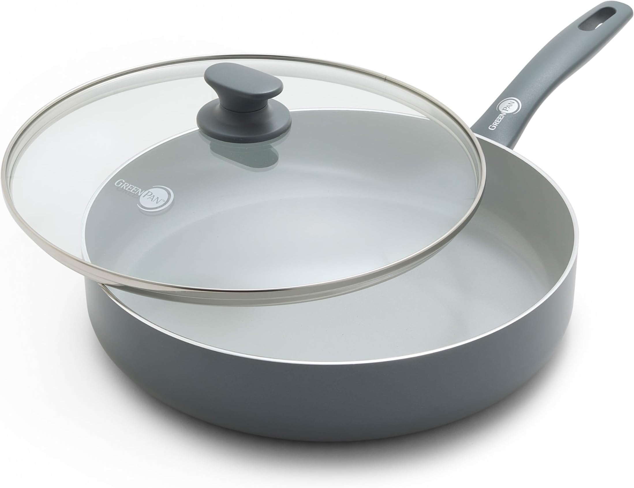 GreenPan Dover Healthy Ceramic Nonstick, 3QT Saute Pan Jumbo Cooker with Lid, PFAS-Free, Dishwasher Safe, Comfort Grip Handle, Grey