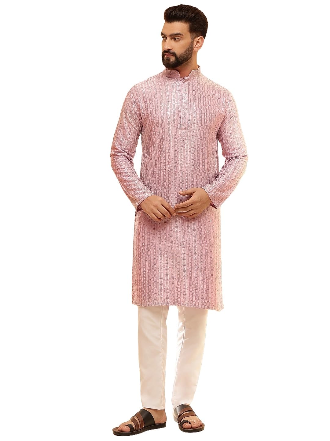 (Since 1958 Men's Cotton Rayon Shiny Thread Sequinned Kurta with White Pyjama