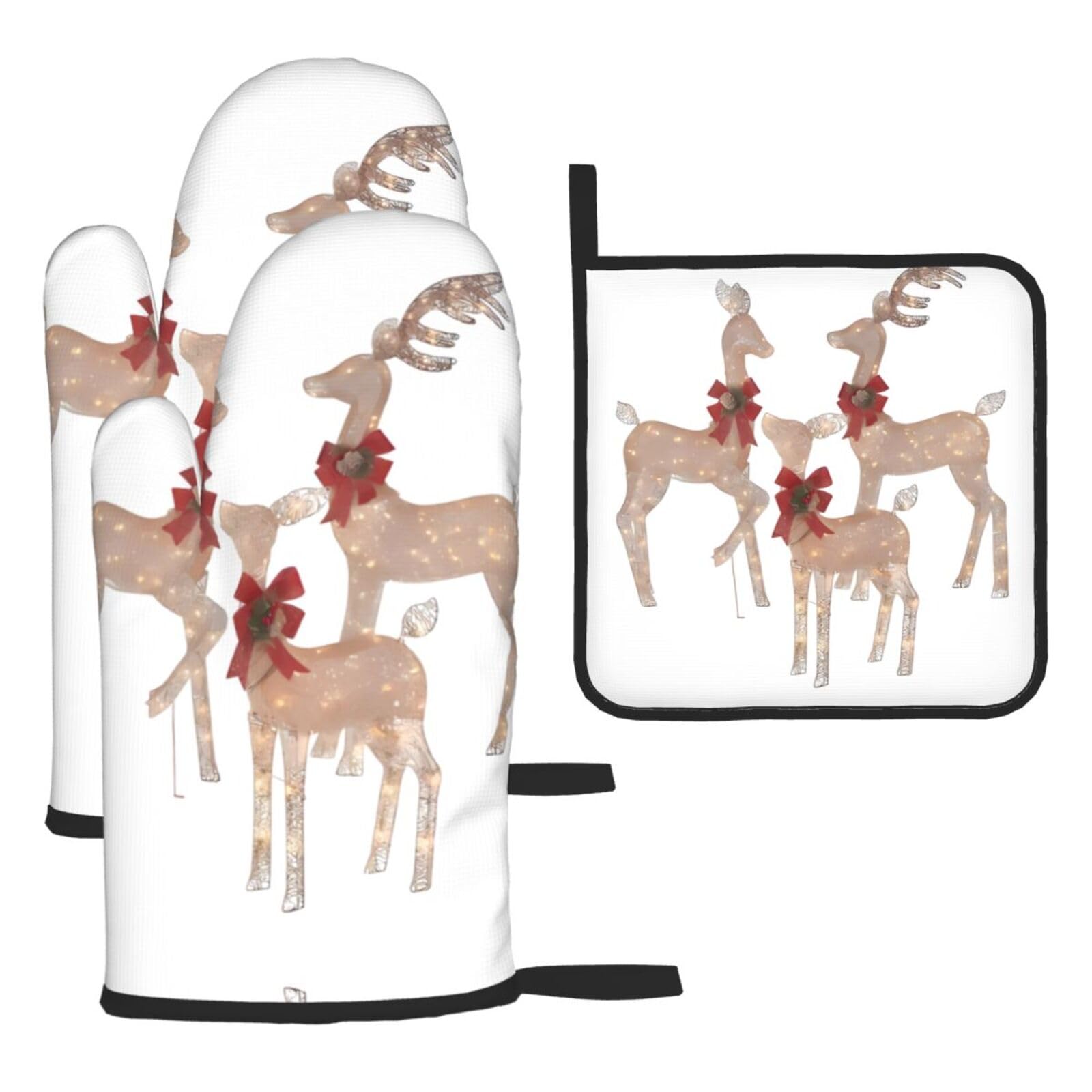 3 deer Printed Kitchen Oven Mitt Set 3-Piece Heat Resistant Gloves with Pot Holder Mat for Cooking Baking BBQ