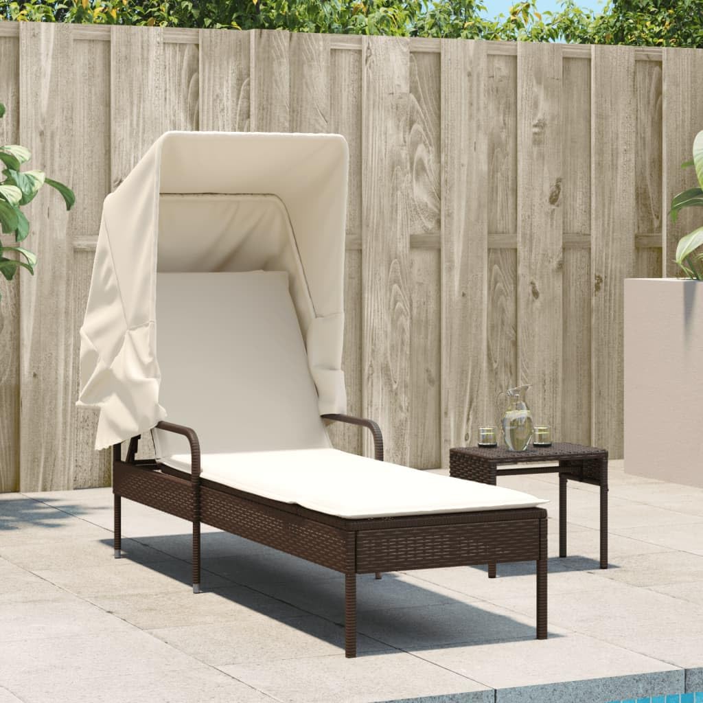 Lettino prendisole con tettuccio marrone, in polyrattan, regolabile, con imbottitura e braccioli, resistente alle intemperie, per terrazza, balcone, piscina, pieghevole e salvaspazio, sdraio