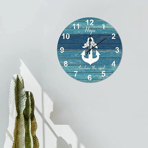 Miniatura 4 de Reloj de pared con patrón de ancla retro, de 16 pulgadas, con temática náutica costera, reloj de pared de madera, silencioso, sin tictac, de cuarzo,