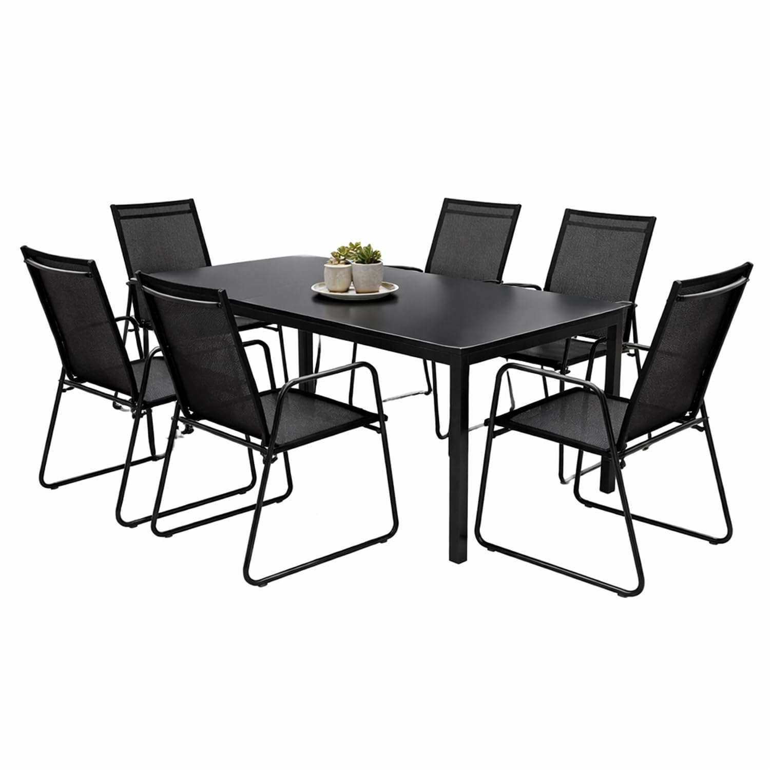 Mojawo 7tlg Outdoormöbel Set Gartenmöbel Gartengarnitur Glastisch Gartentisch 150x80cm + 6 Sessel Schwarz