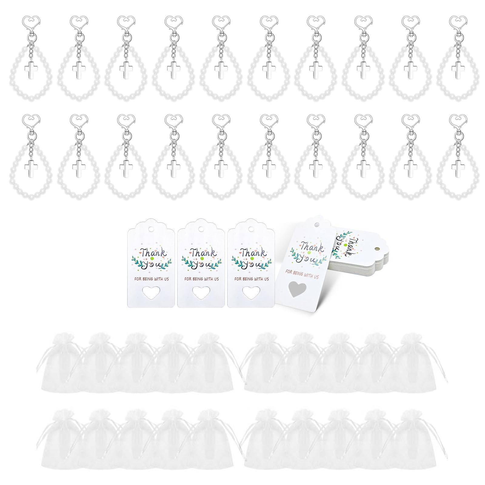 Buxuaaaa White Baby Baptisms Favor Set Crosses Beads Keychains Set For Wedding And Baby Showers Tokens With Organza Bags Baptisms Gifts