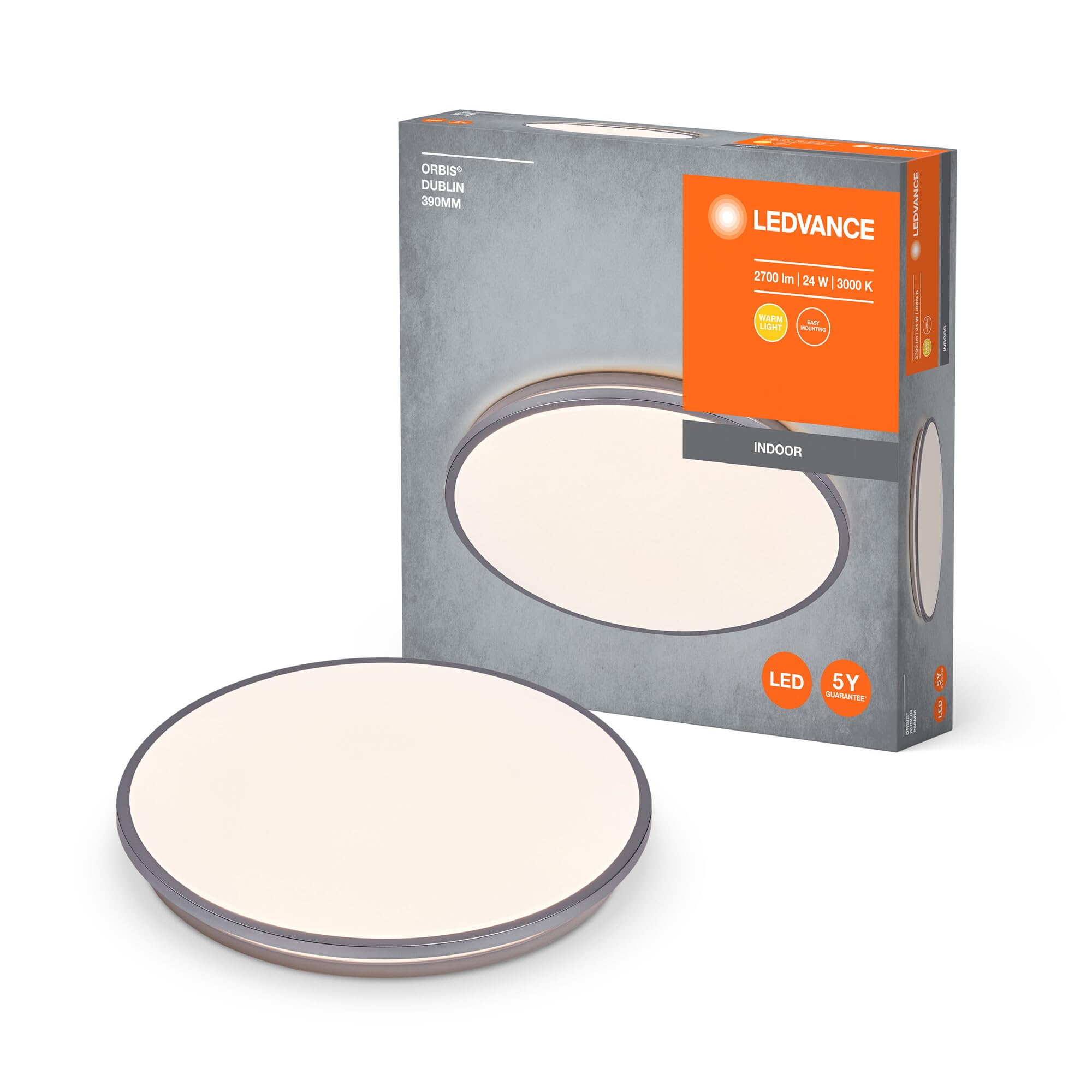 LEDVANCE Orbis Dublin Led Ceiling Light 390Mm, Silver, 24W, 2700Lm, Warm White Light Color, Very Homogeneous Light Distribution, Long Life, Non-Replaceable Led Module, Round, Ip20, 3000K