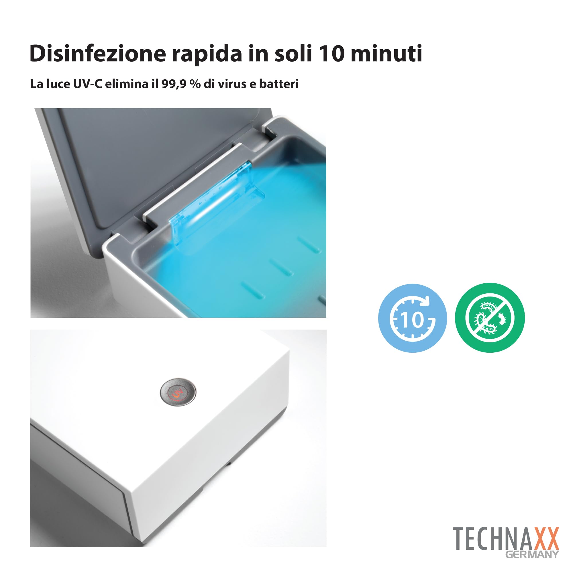 Technaxx scatola per la disinfezione a raggi UV per telefoni cellulari e oggetti TX-148 – Elimina batteri e virus fino 99,9%, comparto per oli aromatici, ricarica 5W per tutti i telefoni cellulari