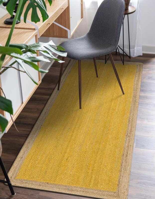 Tapis bohème chic en jute naturelle tressé à la main – Décoration rustique pour salon, salle à manger et chambre à coucher – Jaune – 6,8 x 3 m