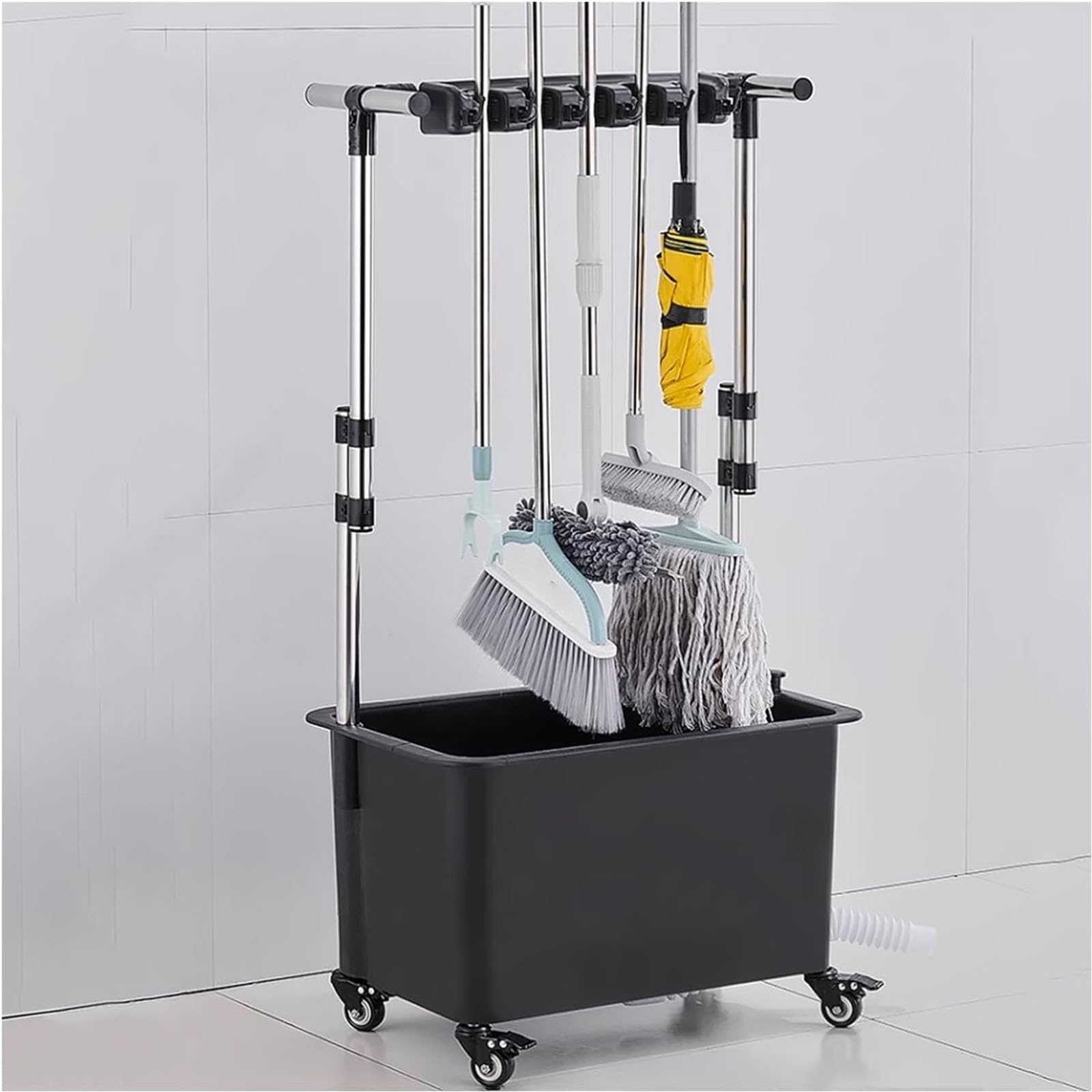 Support de balai en acier inoxydable sur roulettes pour organiser le placard