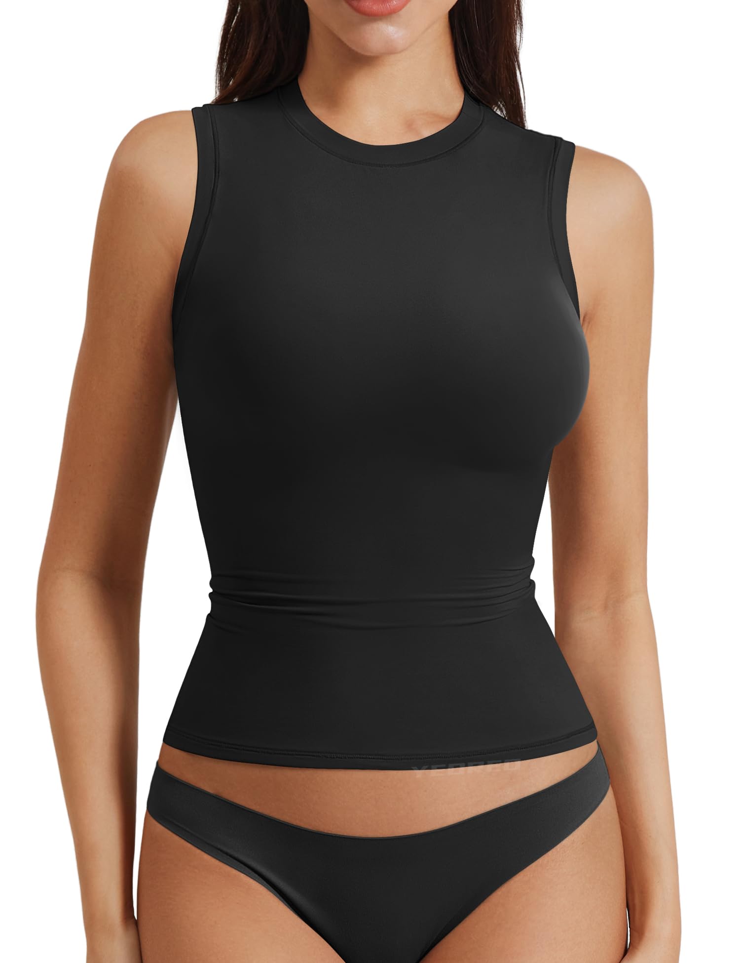 YEOREO Women Basic Mock Neck Workout Crop Top Sleeveless Double Lined Tank Tee Slim Fitted Ruched Going Out Camisole