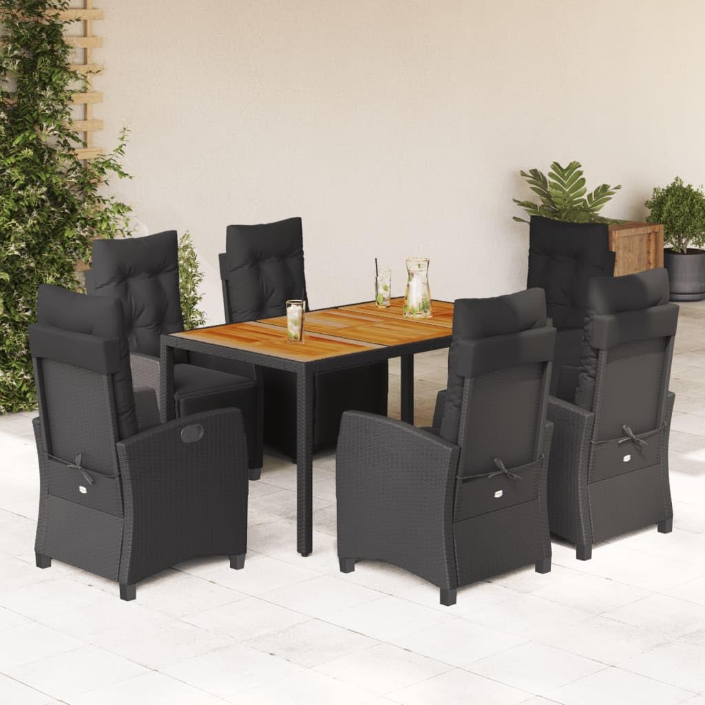 Set da pranzo da giardino in polyrattan nero, sedie regolabili, tavolo in legno di acacia, 150 x 90 cm, resistente ai raggi UV, resistente alle intemperie, per terrazza, balcone