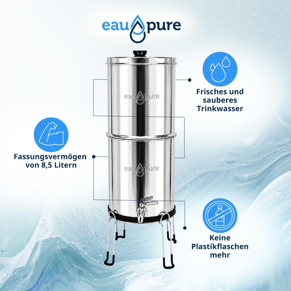 Family Wasserfilter – Fassungsvermögen 8,5 l – Im Lieferumfang enthalten: 2 Eaupure-Filterkartuschen – Filtert Bakterien und Chlor – Immer Trinkwasser
