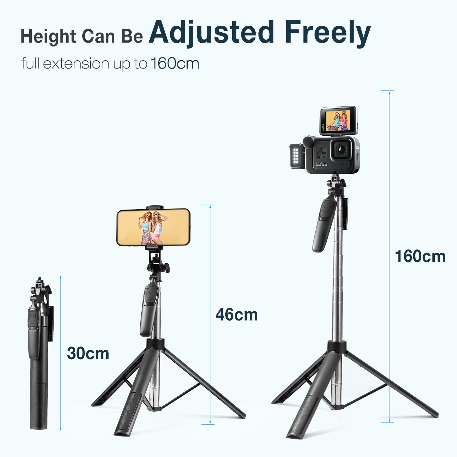 Vinabo Treppiede per smartphone, 160 cm, treppiede per iPhone, estensibile per selfie stick, treppiede per telefono portatile, rotazione a 360° con telecomando per viaggi, vlog, compatibile con