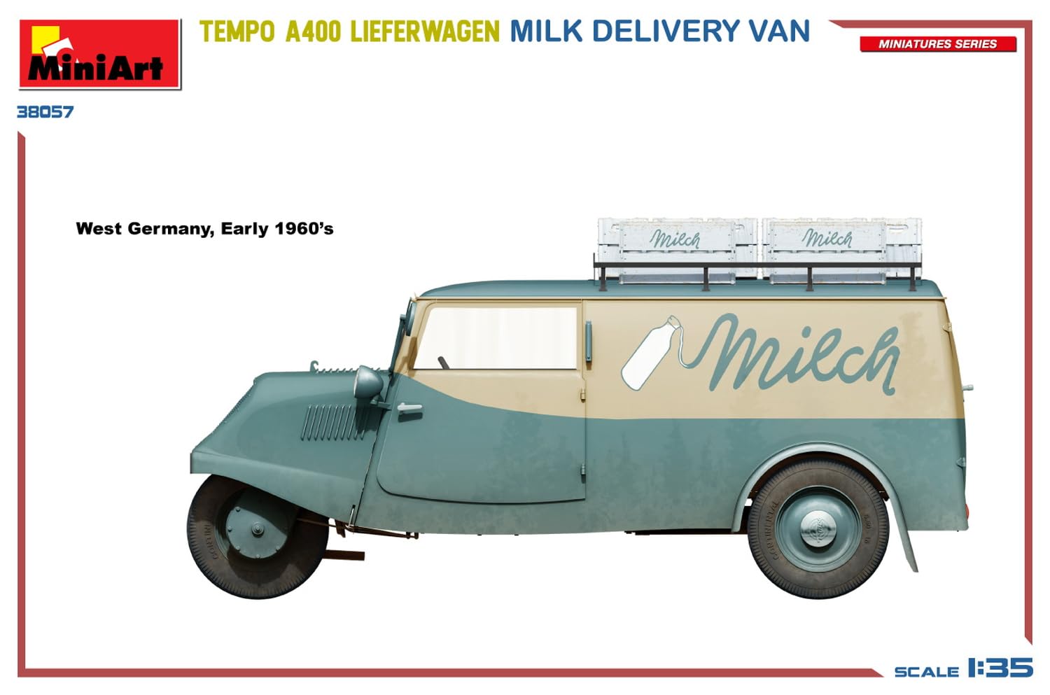 Mini Art 38057 1:35 Tempo A400 wózek dostawczy mleko – wierna replika, modelarstwo, plastik, zestaw do montażu, majsterkowanie, hobby, klejenie, zestaw modelarski, montaż, nielakierowany