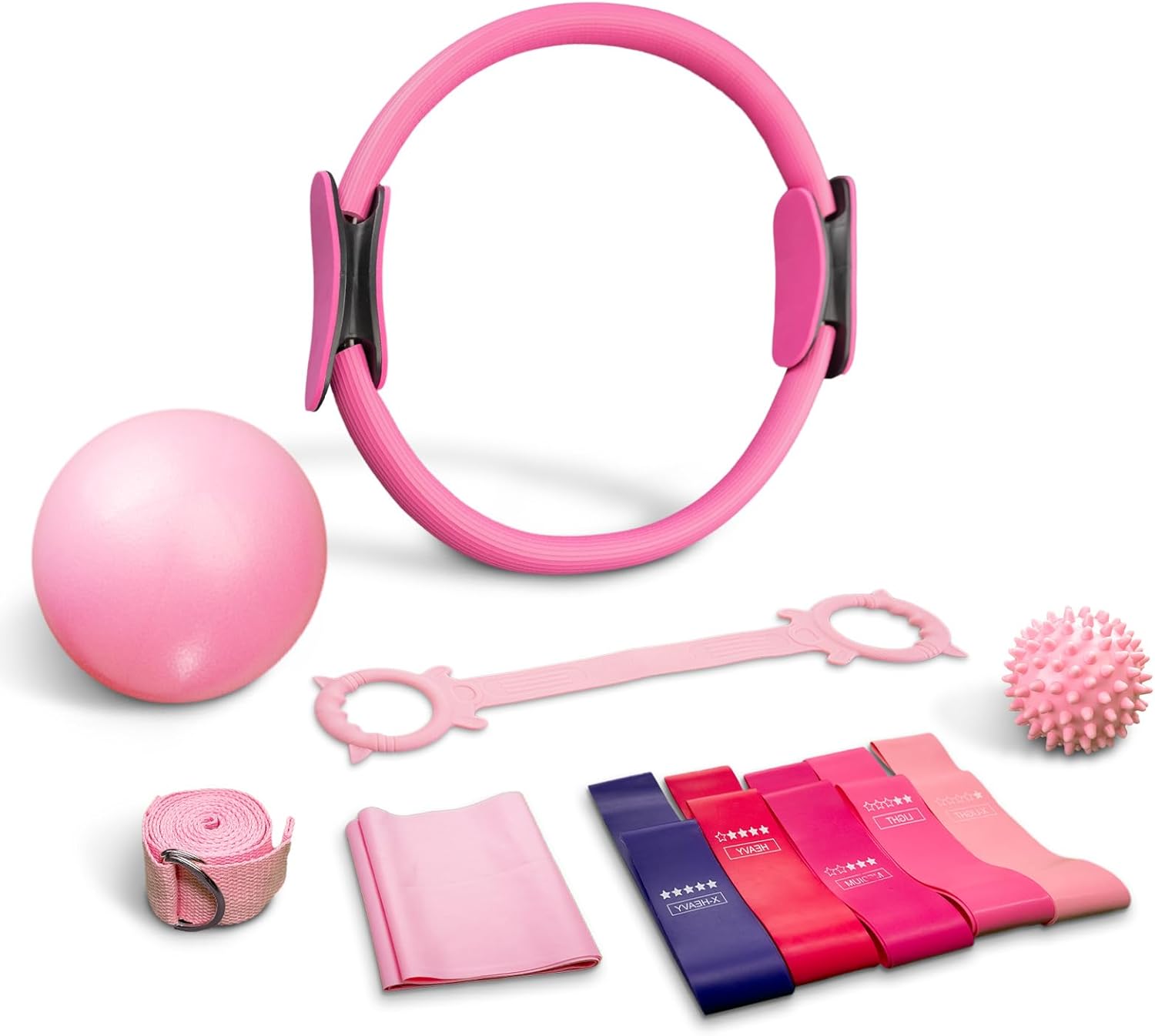11 Pcs Pilates Ring Set for Home Workout, Includes Magic Circle, Mini Exercise Ball, Resistance Bands, Yoga Strap and Massage Ball, Full Body Training Set for Women, Pilates Essentials, Pink