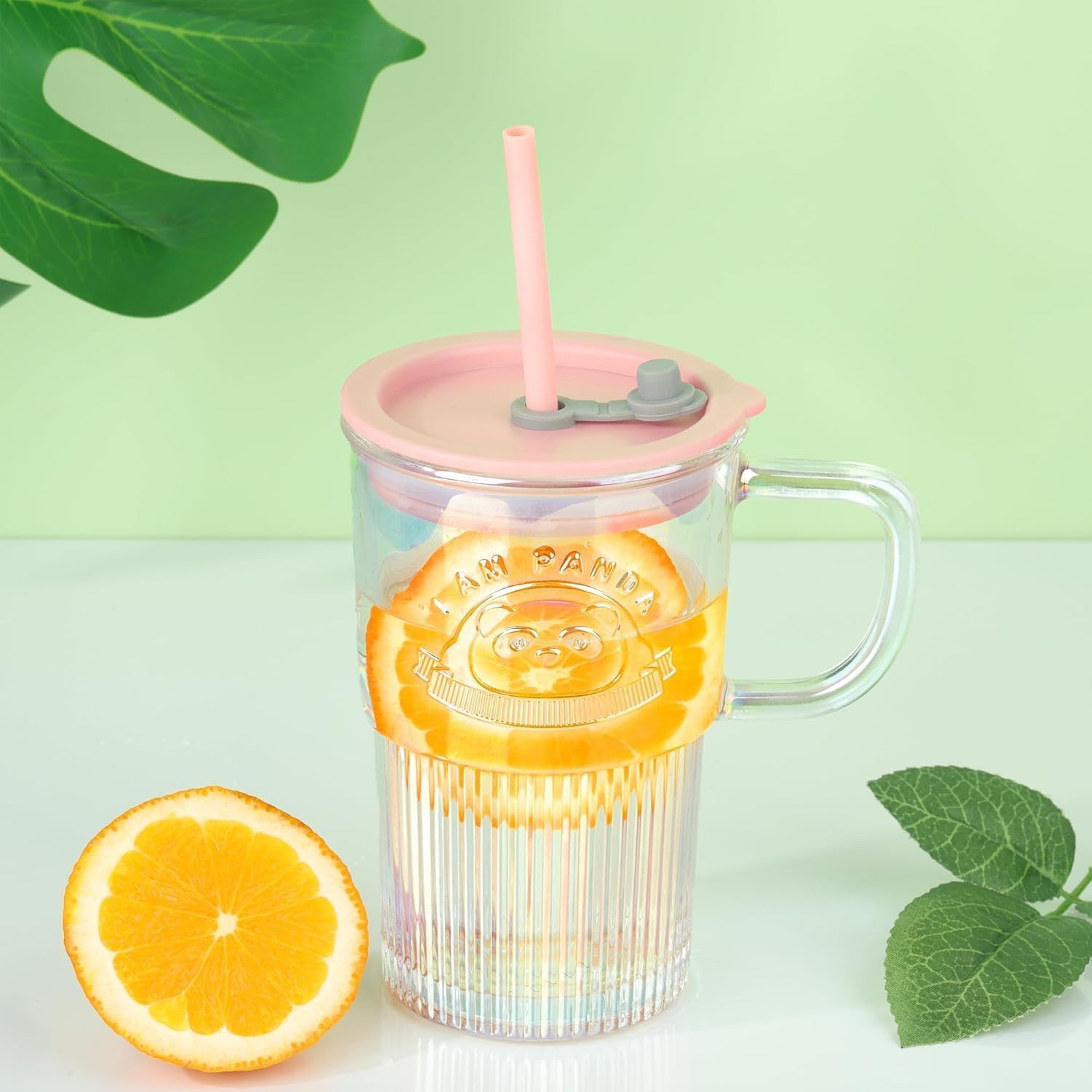 KiKiluxxa Glass Mug Sipper with Straw and Lid 1 pcs -420ml -for Smoothie,Water, Juice, Drinks,Lemon Soda, Beer Drinking Glasses, Iced Coffee - Panda Cup Pink (PitazoX 1)