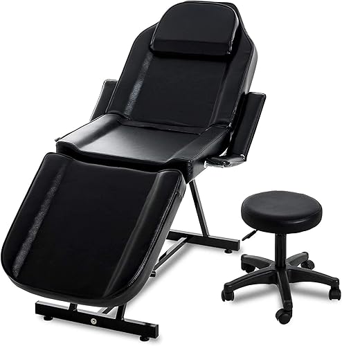 Cama de salón de belleza con taburete negro, cama facial de masaje, silla facial con 3 secciones ajustables profesional para salón de belleza, spa, disponible en Yaxa Venezuela