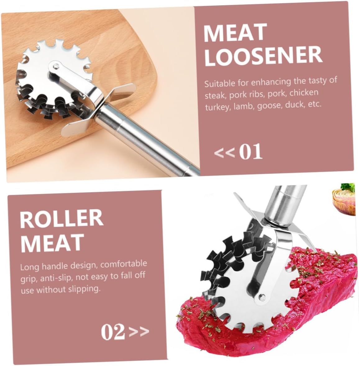 2pcs Stainless Steel Five-wheel Meat Tenderizer Roller Handheld Kitchen Tool for Pork Beef Poultry with Ergonomic Handle Meat Loosening and Cracking Tool
