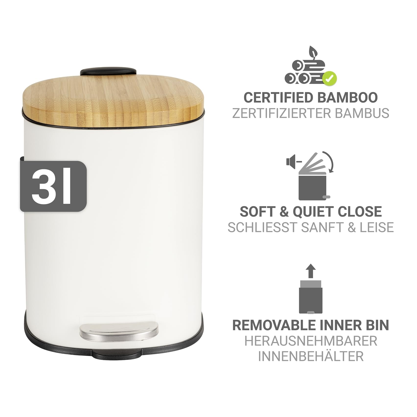 WENKO Poubelle à pédale Mod Fianema seau cosmétique 3L blanc Easy-Close avec couvercle en bambou métal plastique 17 x 23,5 x 21 cm noir naturel