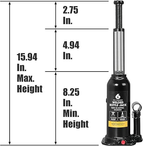 Miniatura 8 de Torin Gato de botella soldado hidráulico de 12 toneladas, gato portátil para automóvil, capacidad de 24,000 libras con mango de bomba para