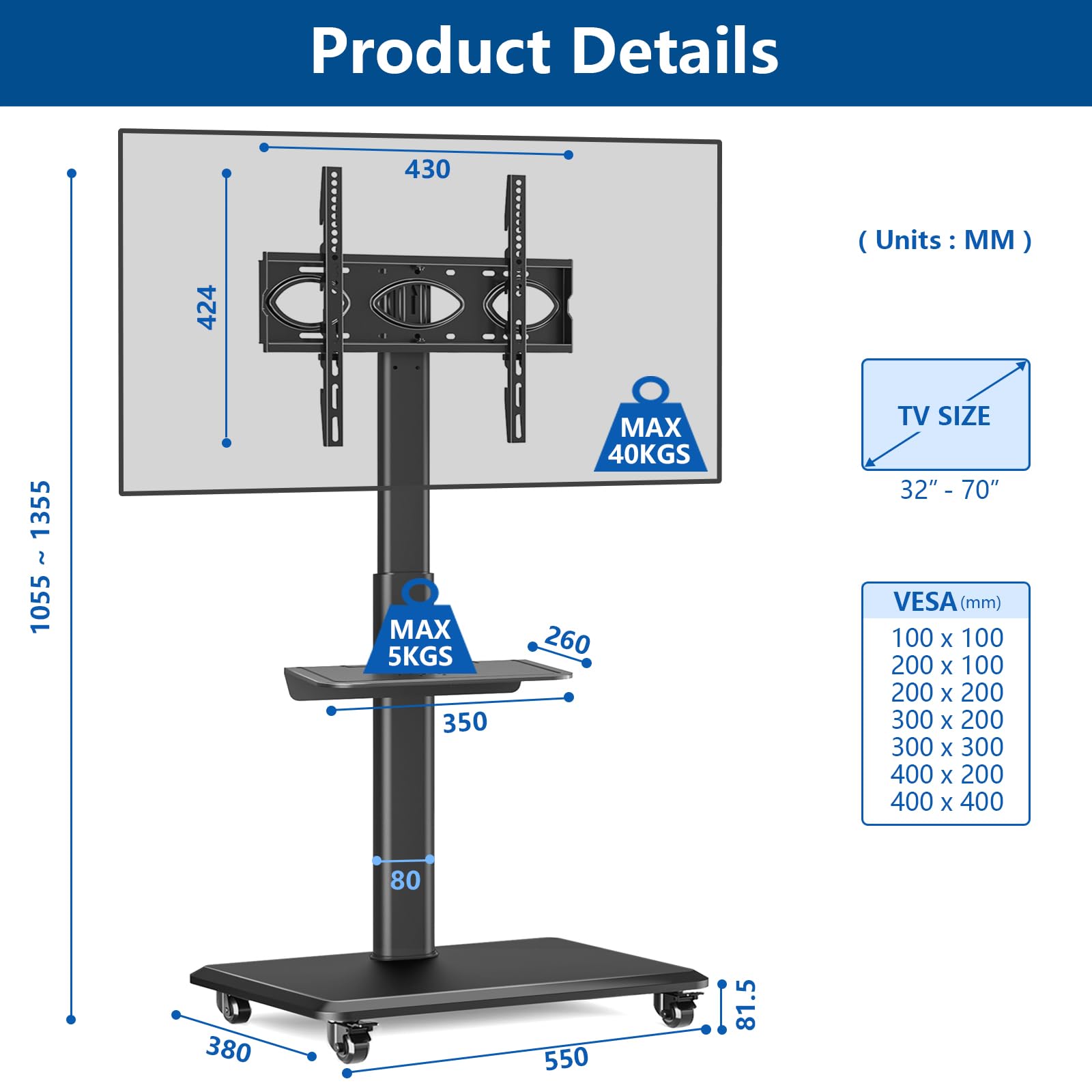 RFIVER TV Ständer Rollbar Fernsehständer Bodenständer für 26-70 Zoll, höhenverstellbar, mobil, drehbar, Schwarz, max. 40 kg, VESA 400x400 mm