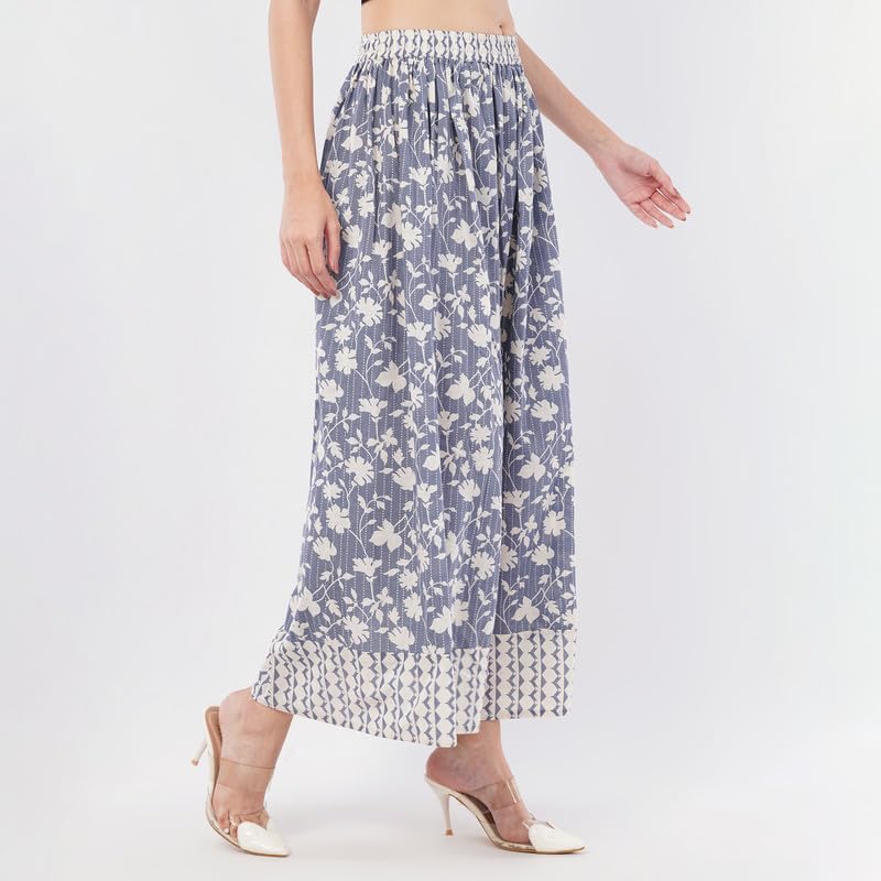 Rabhika Women’s White Floral Patterned Pure Cotton Panel Maxi Skirt, Comfortable Long Skirt for Party & Casual Wear| 2XL 3
